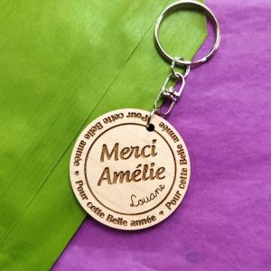 Porte-clé bois rond merci maitresse personnalisé atsem maitre