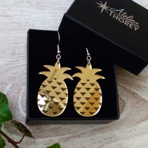 Boucles oreilles ananas miroir or plexiglas