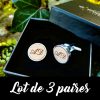 Lot de 3 paires de boutons de manchettebois argent acier personnalisés