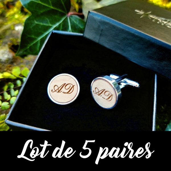 lot 5 Boutons-manchette-bois clair acier-personnalise-texte-initiales-marié