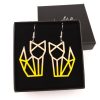 Boucles oreilles chat origami bicolore bois brut jaune