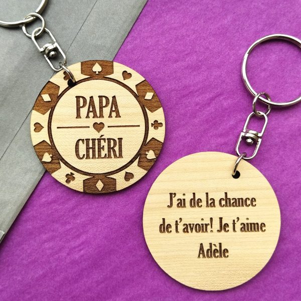 Porte-clé personnalisé bois jeton poker fête des pères - cadeau homme